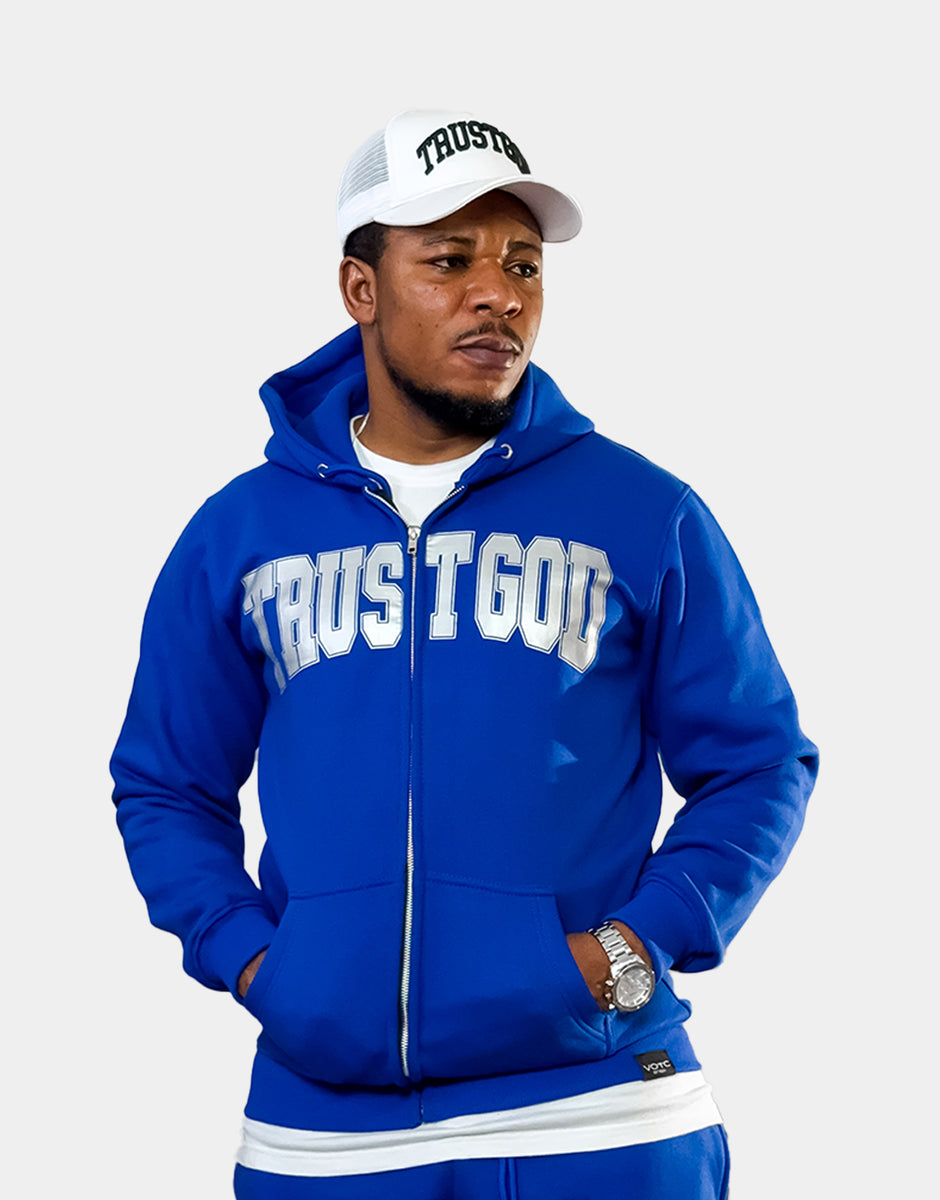 TRUST GOD ZIP UP - HOODIE (ROYAL BLUE/ SILVER) – VOTC Clothing