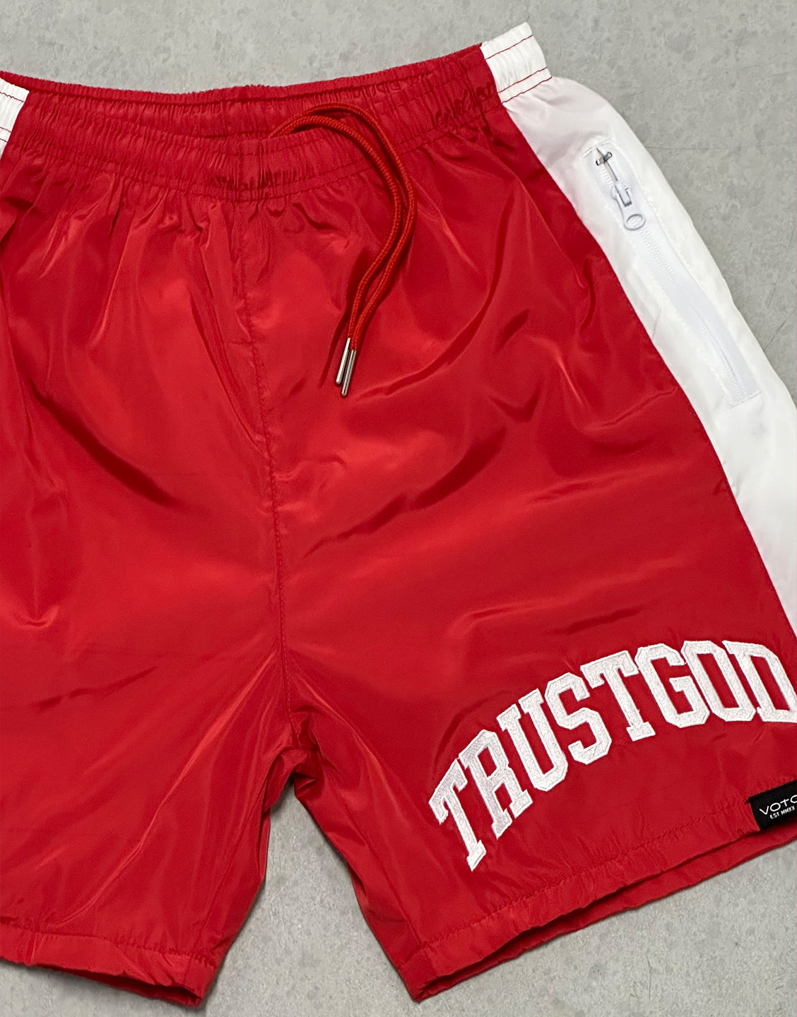 Trust God Windbreaker Shorts - Red